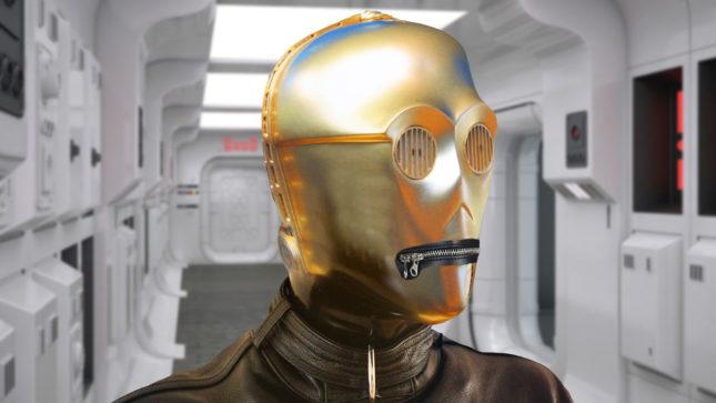 C-3PO gimp suit with a star wars ship background.