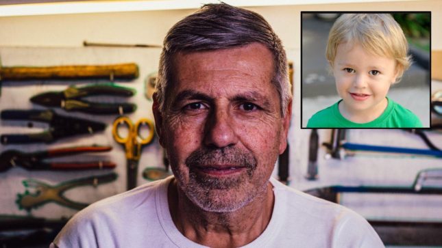 Picture of middle-aged white man with gray hair and stubble in a white t-shirt, the background is tools on a wall in a tool shed. In the corner there is a separate picture of a blonde, boy with feminine features who has brown eyes and is wearing a green shirt.