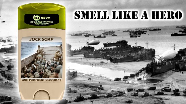 "Smell Like a Hero" written on top in black, army font letters. A black and white footage of World War 2 tanks on a white road. In the left corner and larger is a deodorant bottle that is tan with an olive green top. It is labelled "Jock Soap" and is pictures of soldiers on a boat in black and white. On the bottom of it, it says "Antiperspirent/Deodorant".