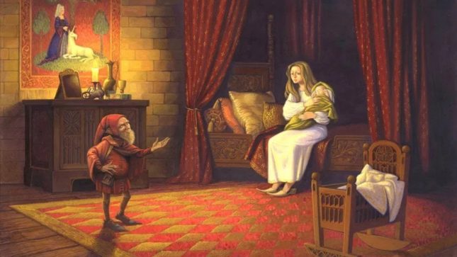 Rumpelstiltskin in a blonde woman's room holding out his hand for her baby in her arms. The carpet is orange, the red-orange room is warmly lit. He is wearing all red and the pale blonde woman is in a long white nightgown, sitting between two red velvet curtains. There is a cradle next to her that is red and orange.