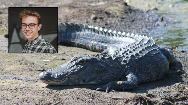 Alligator on dirt. There is a picture in the corner of a nerdy looking, white guy with light brown hair, blue eyes, glasses, and wearing a green and white flannel shirt, and he is smiling.