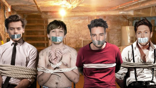 One Direction members tied up with duct tape on their mouths sitting in a row in a basement.