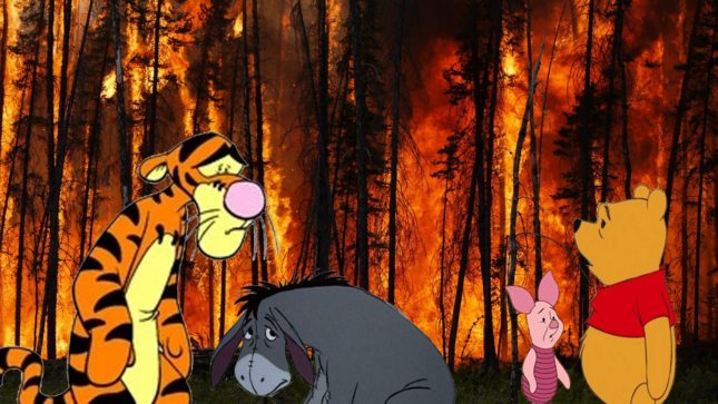 Winnie the Pooh, Tigger, Eor, and Piglet standing against the background of a woods fire.