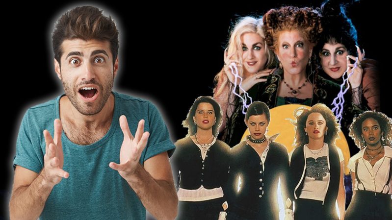 The cast of Hocus Pocus and The Craft against a black background with a coked out looking, tan guy with brown spikey hair and big eyes with a green shirt holding up his hands like he has an idea and is telling it to someone.