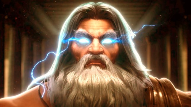 An angry god with a long white beard and glowing blue eyes with no pupil, light coming out of his eyes. Very broad and tan and frowning.