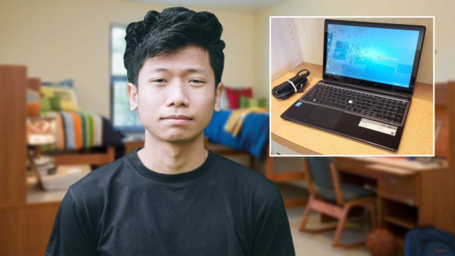 Asian, young adult man, with a black-t shirt and black hair standing in a dorm room. There is a laptop in the corner screen in a white square.