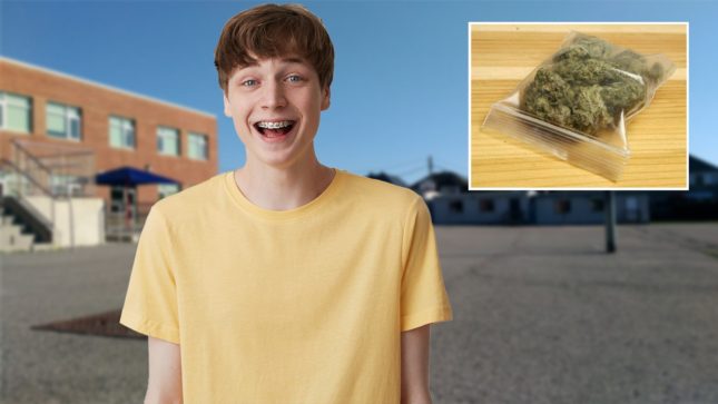 Nerdy smiling white guy with brown eyes and braces in a yellow shirt with blue eyes and freckles standing outside of a school. Beside him in the corner there is a photo of a gram of weed on a light wood table.