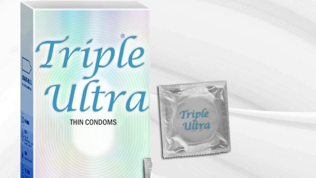 Ultra Thin condoms called Triple Ultra in a grey condom wrapper.