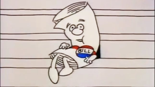 Paper bill cartoon hunched sitting on the capital steps with a grim expression on his face. He has a red, white, and blue button that says "Bill" on it.