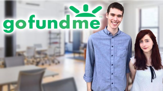 GoFundMe green logo in text on the side, in front of a standard white living eroom with grey furniture and light hardwood floors with white walls and a window. There is a white man in a light blue dress shirt with hazel eyes and brown, curly hair, tall about 6'3. Next to him is a girl with dark auburn, thick hair and is pale with large green eyes. She is wearing a white blouse with a black bow on the front of it.