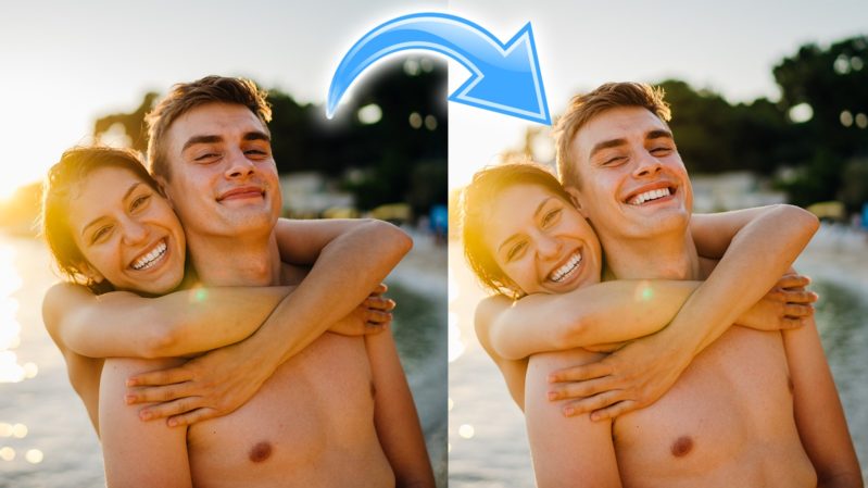 A photo of a white couple on a beach, man shirtless with woman wrapped around his arm. There are 2 photos of this side by side, in one the guy is barely smirking and with a blue arrow shows that in the second, "edited" photo he is smiling.